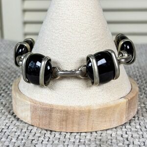 Vintage MCM Sculptural Onyx Black Glass Cabochon Silver Tone Link Bracelet Mod